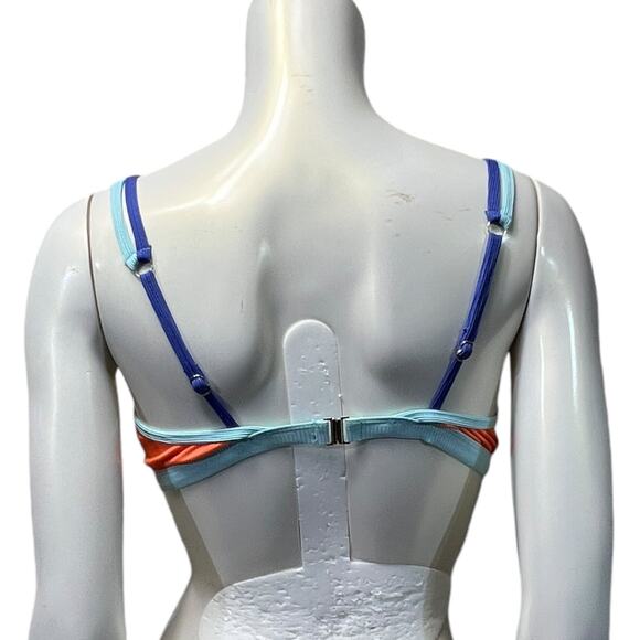 Color Block Bikini Top Orange Blue Retro V-Cut Athletic Swim Medium Ribbed - Picture 3 of 16